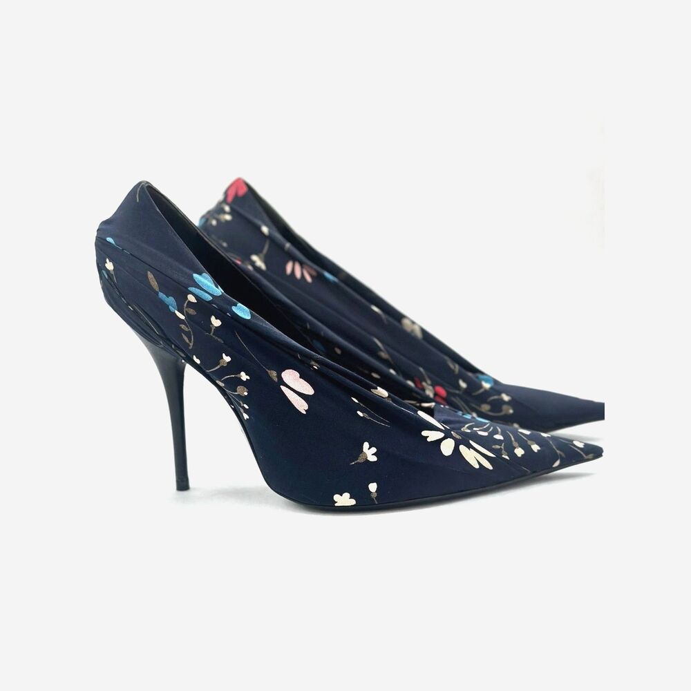 Balenciaga Floral Print Pointed Toe High Heel Pumps Navy Blue Sz 38.5